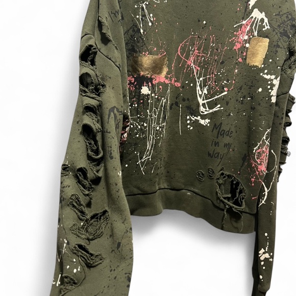 Zara Sweatshirt High Neck Green Distressed Grafitti Splatter Paint - Small Women - Picture 6 of 14